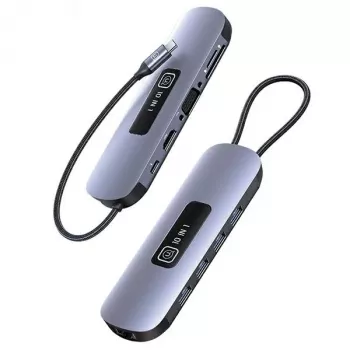 USAMS 10 az 1-ben USB-C hub adapter 3x USB 3.0, SD/TF, HDMI, VGA, RJ45, PD 100W, szürke