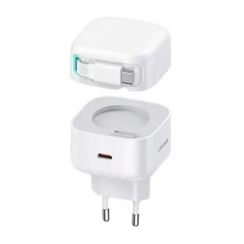 USAMS XMF sorozat CC202TC02 35W GaN USB-C hálózati töltő behúzható USB-C kábellel, PD+QC, fehér