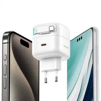 USAMS XMF sorozat CC202TC02 35W GaN USB-C hálózati töltő behúzható USB-C kábellel, PD+QC, fehér