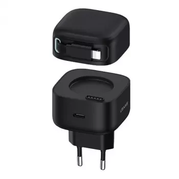 USAMS XMF Series CC209TC01 35W GaN gyorstöltő behúzható USB-C - Lightning kábellel, fekete