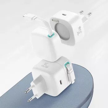 USAMS XMF Series CC209TC02 GaN 35W gyorstöltő behúzható Lightning kábellel, fehér