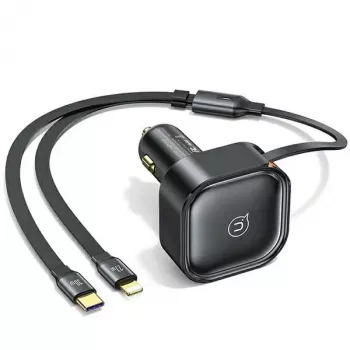 USAMS C41 autós töltő 30W PD gyorstöltés behúzható USB-C és Lightning kábelekkel fekete (US-CC219)