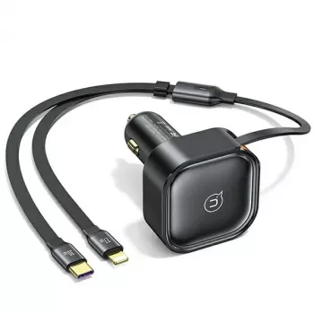 USAMS autós töltő behúzható kábellel 2xUSB-C C41 PD 30W gyorstöltés fekete CC220CC01 (US-CC220)