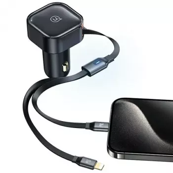 USAMS autós töltő behúzható kábellel 2xUSB-C C41 PD 30W gyorstöltés fekete CC220CC01 (US-CC220)