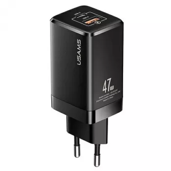 USAMS T41 GaN 47W USB-C+USB-A gyorstöltő EU dugó fekete