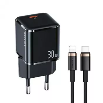 USAMS T45 30W PD3.0 USB-C gyorstöltő U63 USB-C - Lightning kábellel, fekete, UXTZH01