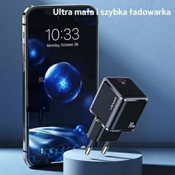 USAMS T45 30W PD3.0 USB-C gyorstöltő U63 USB-C - Lightning kábellel, fekete, UXTZH01