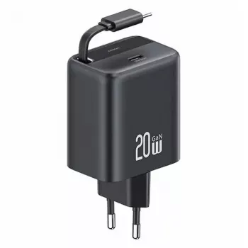 USAMS YC sorozat GaN 20W USB-C tápegység behúzható kábellel, PD+QC gyorstöltés, fekete (US-CC233)