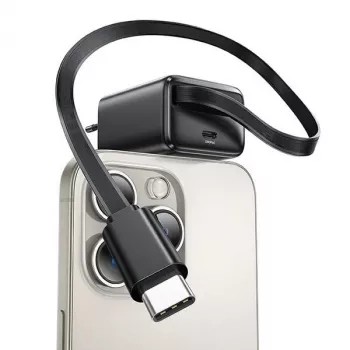 USAMS YC sorozat GaN 20W USB-C tápegység behúzható kábellel, PD+QC gyorstöltés, fekete (US-CC233)