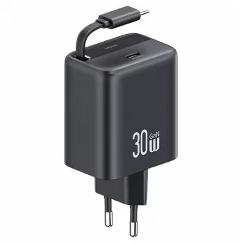 USAMS YC sorozat CC241TC01 30W GaN USB-C tápegység behúzható USB-C kábellel, PD+QC gyorstöltés, fekete