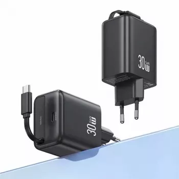 USAMS YC sorozat CC241TC01 30W GaN USB-C tápegység behúzható USB-C kábellel, PD+QC gyorstöltés, fekete