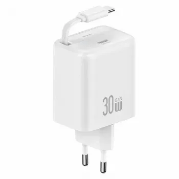 USAMS YC sorozat CC241TC02 30W GaN USB-C fali töltő behúzható USB-C kábellel, PD+QC gyorstöltés, fehér