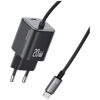 USAMS 20W GaN gyorstöltő USB-C kábellel, fekete
