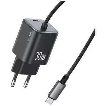 USAMS 30W GaN gyorstöltő USB-C kábellel (fekete, EU dugó)