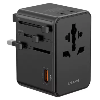 USAMS univerzális utazási töltő T72 65W GaN 4 az 1-ben US/AU/EU/UK fekete