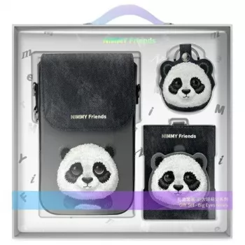 Nimmy 3 az 1-ben készlet: telefontok + pénztárca + trackertok, fekete, Big Eyed Pet 2.0 Panda