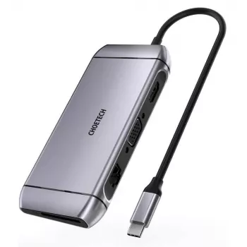 CHOETECH 9 az 1-ben USB-C multifunkciós hub – 3x USB 3.2 Gen 1, SD/TF kártyaolvasó, HDMI 4K 30Hz, VGA Full HD 60Hz, USB-C PD, RJ45 Gigabit Ethernet, szürke (HUB-M15)