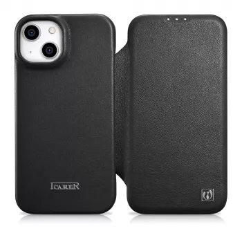 iCarer CE prémium bőr tok iPhone 14 Plus-hoz, mágneses zár, MagSafe, fekete (WMI14220715-BK)