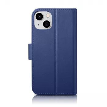 iCarer 2 az 1-ben pénztárcatartó tok iPhone 14 Plus-hoz - valódi bőr flip tok RFID-blokkolással, kártyarekeszekkel, kitámasztóval - kék