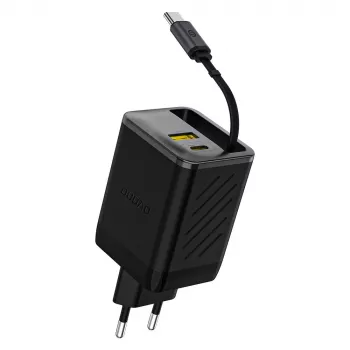 Dudao A67EU GaN 67W töltő beépített kihúzható USB-C kábellel, Power Delivery Quick Charge - fekete