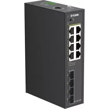 D-Link DIS-210G-12UP ipari intelligens menedzselt switch, 12 portos Gigabit, 8 PoE+, 240W, DIN-sín/fali rögzítés