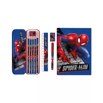 KIDS 11 az 1-ben Spider-Man iskolai írószerkészlet tolltartóval, színes ceruzákkal, A5 jegyzetfüzettel és egyebekkel