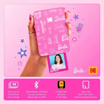 KODAK Step Slim Barbie azonnali fotónyomtató - Bluetooth 5.0, ZINK Zero Ink technológia, 2x3 inch nyomatok, Barbie Pink