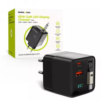 Mobile Origin 65W GaN töltő USB-C visszahúzható kábellel + USB-A 75cm