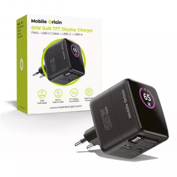 Mobile Origin 65W GaN töltő PW3 USB-C visszahúzható kábel 65cm + USB-A fekete
