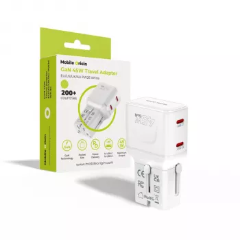 Mobile Origin 45W utazó adapter EU/US/UK/AU PW26, fehér