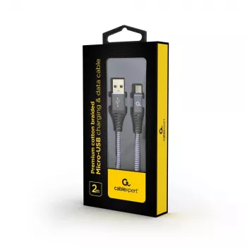Gembird USB 2.0 Type-A dugó – Micro USB-B dugó prémium pamutszövet kábel 2 m Space Grey/fehér