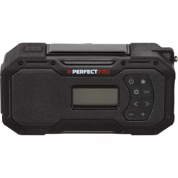 PerfectPro E-100 vészrádió napelemmel, kézi tekerővel, LED-zseblámpával, powerbankkal, AM/FM, IPX3