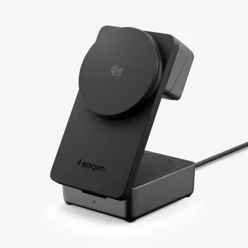 Spigen EF323MQ Essential 3 az 1-ben mágneses MagSafe vezeték nélküli töltő 25W Qi2, fekete