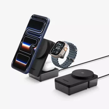Spigen EF323MQ Essential 3 az 1-ben mágneses MagSafe vezeték nélküli töltő 25W Qi2, fekete