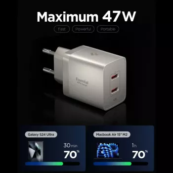 SPIGEN EE472EU-GAN Essential 2 portos hálózati töltő 47W natural titanium