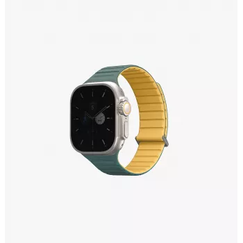 UNIQ Revix Evo kétoldalas mágneses szilikon szíj Apple Watch Series 1/2/3/4/5/6/7/8/9/SE/SE2/SE3/Ultra/Ultra2/Ultra3 42/44/45/49mm készülékhez, Viridian Green / Burnt Yellow