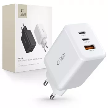 TECH-PROTECT C65W 3-portos hálózati töltő PD 65W / QC3.0 fehér