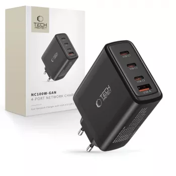 Tech-Protect NC100W-GAN 4-portos fekete GaN fali töltő 100W USB-C