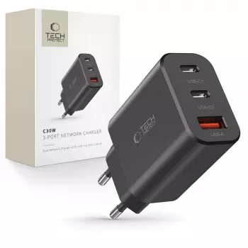 Tech-Protect NC30W 3-portos USB-C töltő fekete 30W