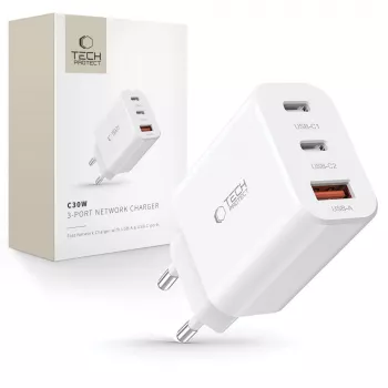 Tech-Protect NC30W 3-portos USB-C és USB-A fali töltő 30W fehér