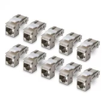 StarTech.com árnyékolt Cat6a keystone jack modul 10 darabos csomag RJ45 Ethernet aljzat, STP, 90 fokos szögben, szerszám nélküli, ezüst, 10GBase-T