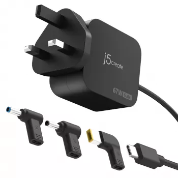 J5CREATE 67W GaN PD USB-C mini töltő 3 féle DC csatlakozóval