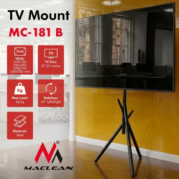 Maclean TV padlóállvány/-tartó, 27-55 inch, VESA 200x200, 60 kg, fekete, MC-181 B