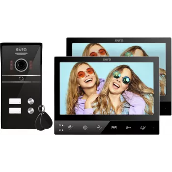 Eura VDP-80C5 kétlakásos videós kaputelefon, fekete, 2x 7 inch LCD, FHD, 2 bemenet, 1080p kamera, RFID olvasó, fali szerelés
