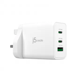 J5CREATE 65W GaN USB-C 3 portos töltő UK fehér