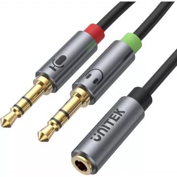 UNITEK Y-C957ABK 3,5mm mini jack audio splitter kábel, aljzat - 2x dugó, 20 cm, fekete