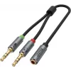 UNITEK Y-C957ABK 3,5mm mini jack audio splitter kábel, aljzat - 2x dugó, 20 cm, fekete