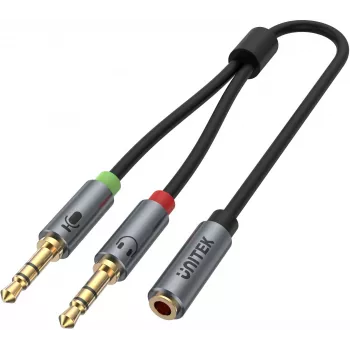 UNITEK Y-C957ABK 3,5mm mini jack audio splitter kábel, aljzat - 2x dugó, 20 cm, fekete