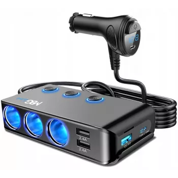 MBG Line HC67C kettős szivargyújtó-aljzat elosztó 3 USB-A csatlakozóval, 120 W, fekete