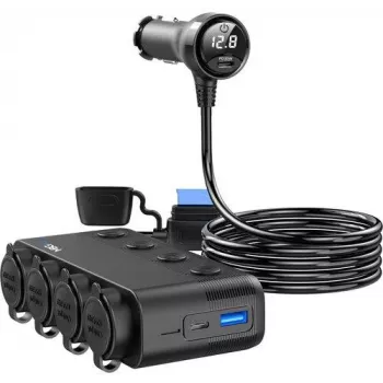 MBG Line HS75AD szivargyújtó-elosztó 2 aljzattal és 3 USB-csatlakozóval, 75 cm kábel, fekete